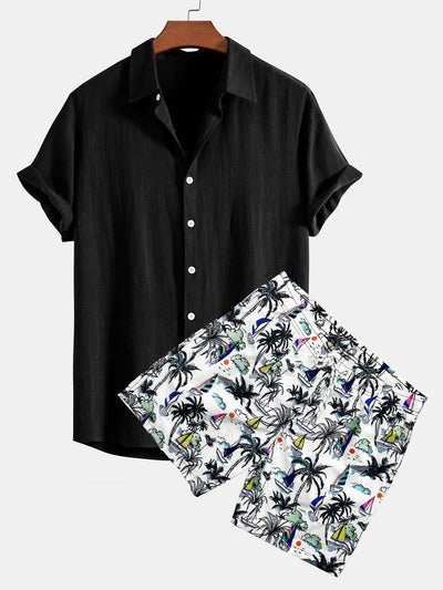 Bartolomé® | Linen Rayon Blend Button Up Shirt & Palm Tree Sailboat Print Swim Shorts