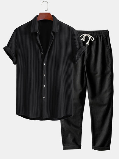 Alex® | Waffle Button Up Shirt & Straight Leg Linen Pants