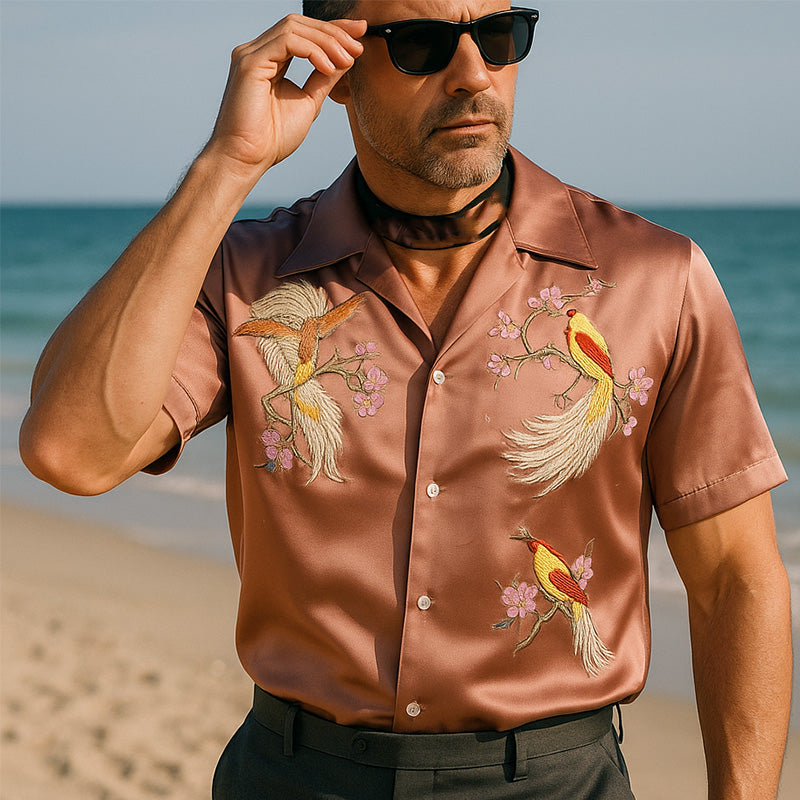 Joaquin | Men'S Summer Fashion Satin Flower And Bird Embroidery Short Sleeve Shirt