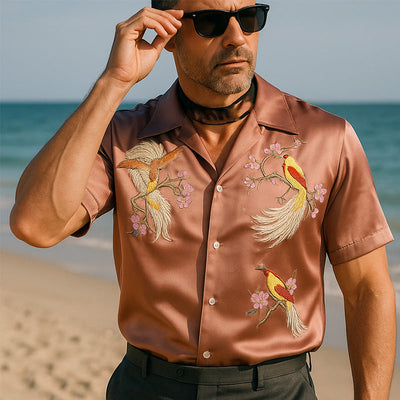 Joaquin | Men'S Summer Fashion Satin Flower And Bird Embroidery Short Sleeve Shirt