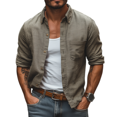 Stacy | Men'S Casual Breathable Linen Lapel Patch Pocket Slim Fit Long Sleeve Shirt