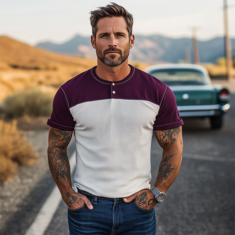 Fidel | Men'S Spring And Summer Casual Cotton Blend Splicing Waffle Henry Collar Short Sleeve T-Shirt