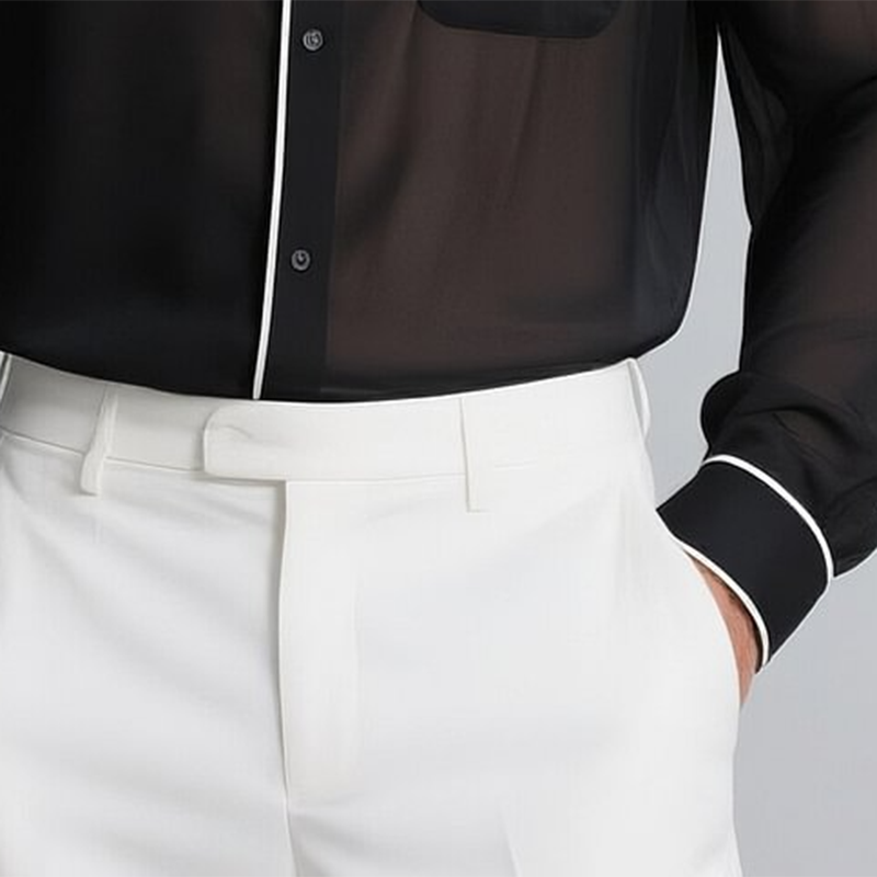 Brian | Men'S Black Chiffon White Trim Lapel Single-Breasted Long-Sleeved Shirt