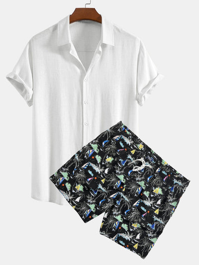 Bartolomé® | Linen Rayon Blend Button Up Shirt & Palm Tree Sailboat Print Swim Shorts