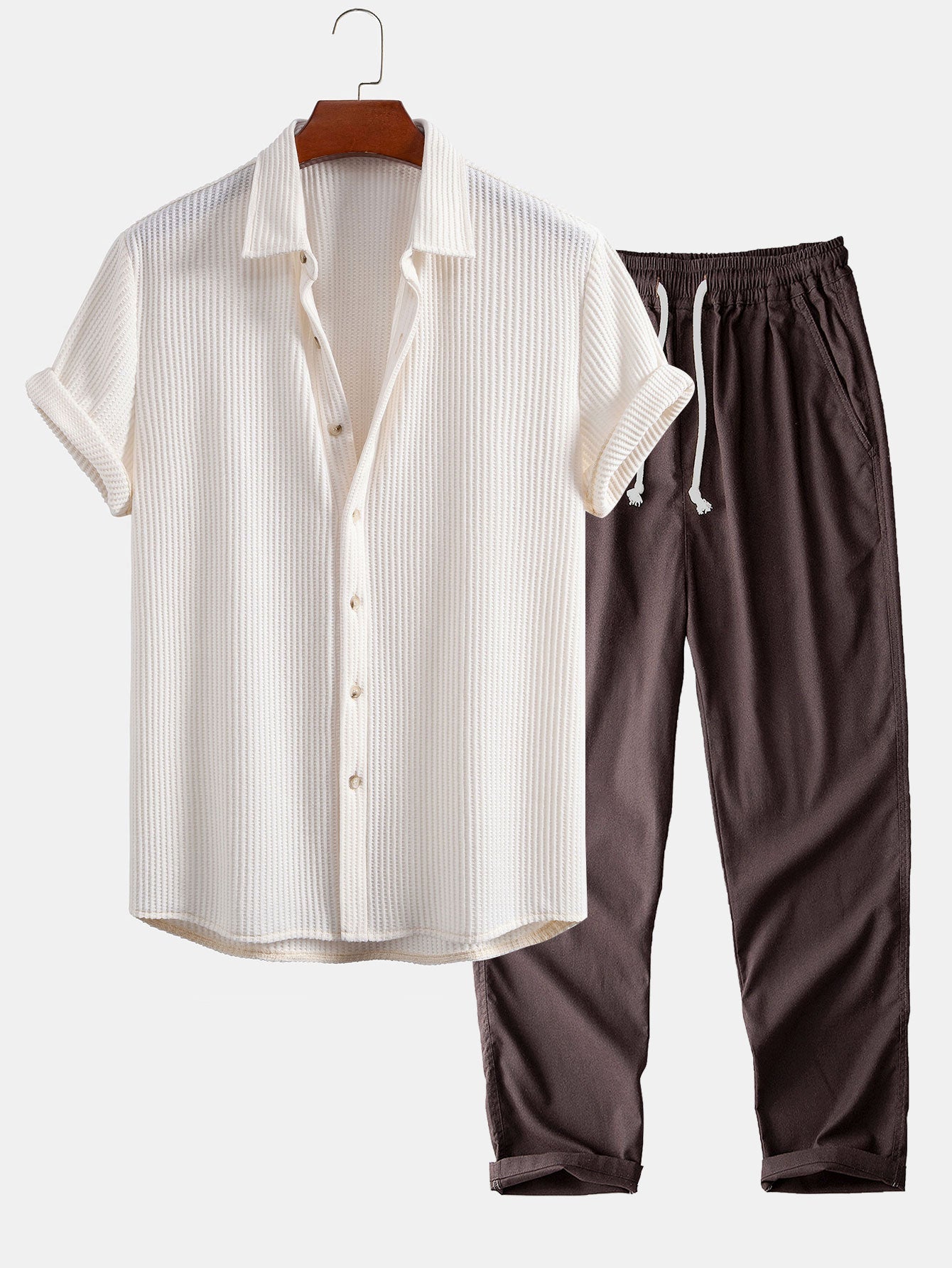 Alex® | Waffle Button Up Shirt & Straight Leg Linen Pants