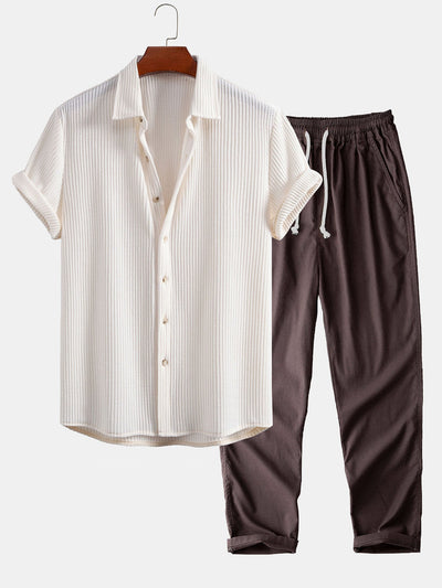 Alex® | Waffle Button Up Shirt & Straight Leg Linen Pants