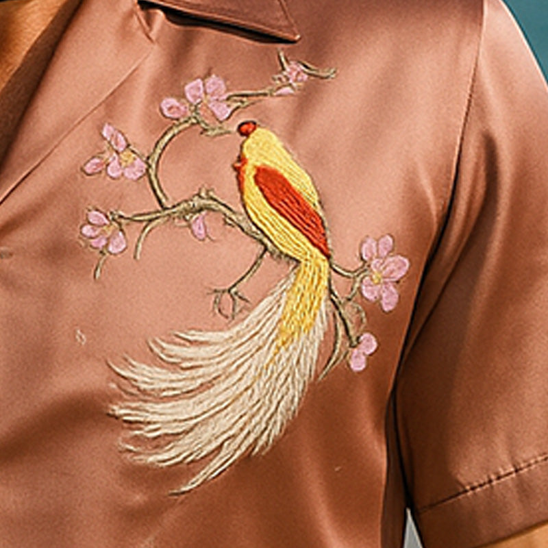 Joaquin | Men'S Summer Fashion Satin Flower And Bird Embroidery Short Sleeve Shirt