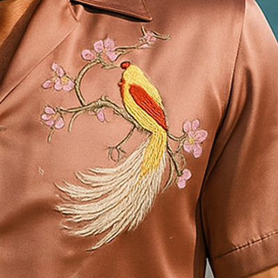 Joaquin | Men'S Summer Fashion Satin Flower And Bird Embroidery Short Sleeve Shirt