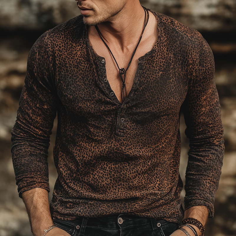 Armand | Men'S Vintage Casual Leopard Print Henley Long Sleeve T-Shirt