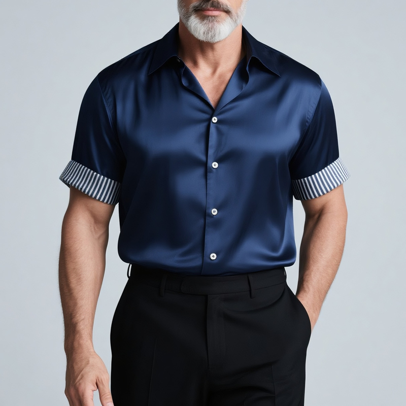 Keith | Men'S Striped Rolled Short Sleeve Lapel Satin Shirt
