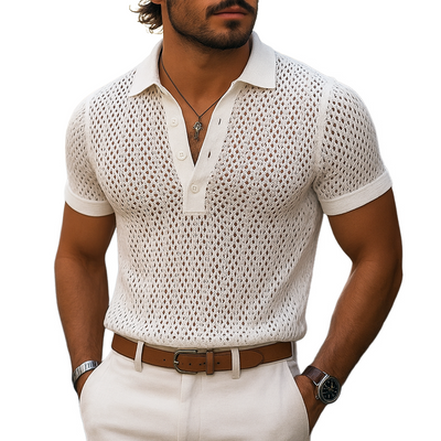Marco | Men'S Solid Hollow Out Plaid Knit Lapel Short Sleeve Polo Shirt