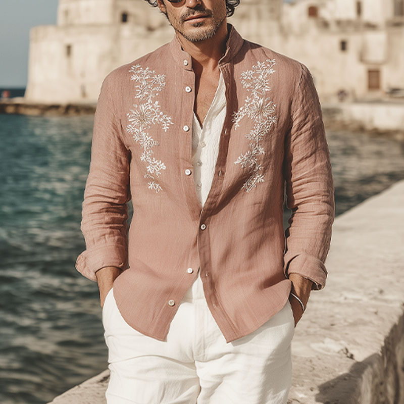 Abram | Men'S Spring And Summer Retro Exquisite Embroidered Tencel Cotton Stand Collar Long Sleeve Shirt
