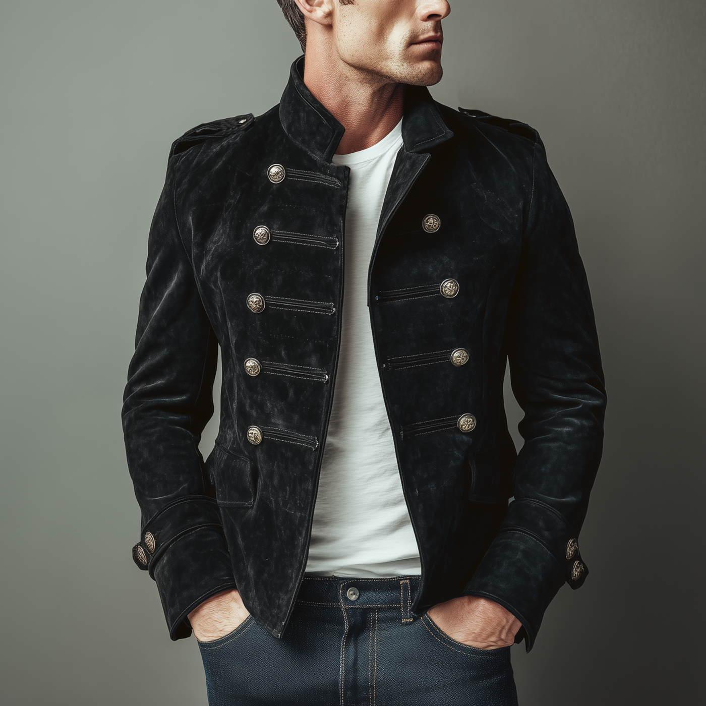 Men's Classic Retro Stand Collar Fax Sede Doble-breasted Slim-fit JacketK