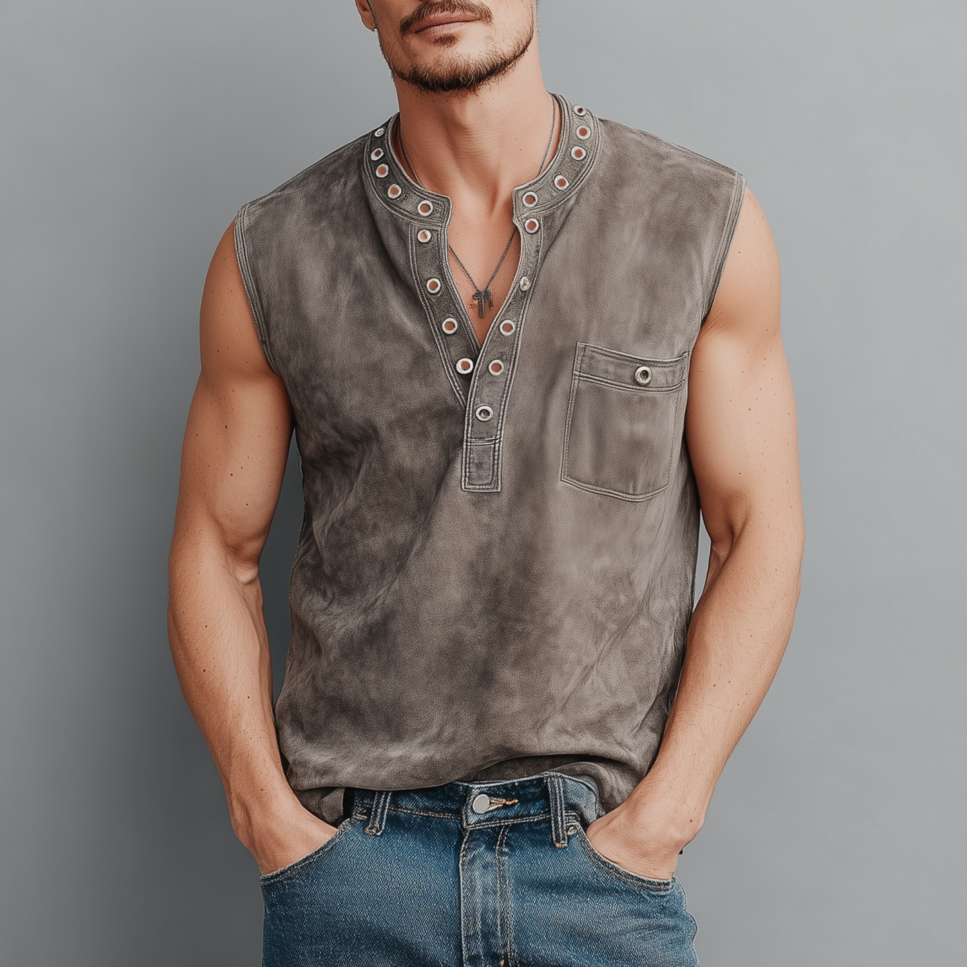 Theo | Men'S Spring And Summer Casual Thin Suede Henry Collar Decorated Rivet Slim Fit Tank Top