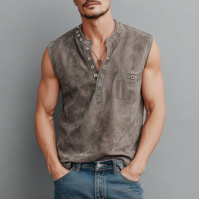 Theo | Men'S Spring And Summer Casual Thin Suede Henry Collar Decorated Rivet Slim Fit Tank Top