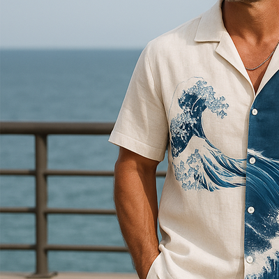 Edgar | Men'S Summer Fashion Wave Printed Cotton And Linen Short Sleeve Shirt