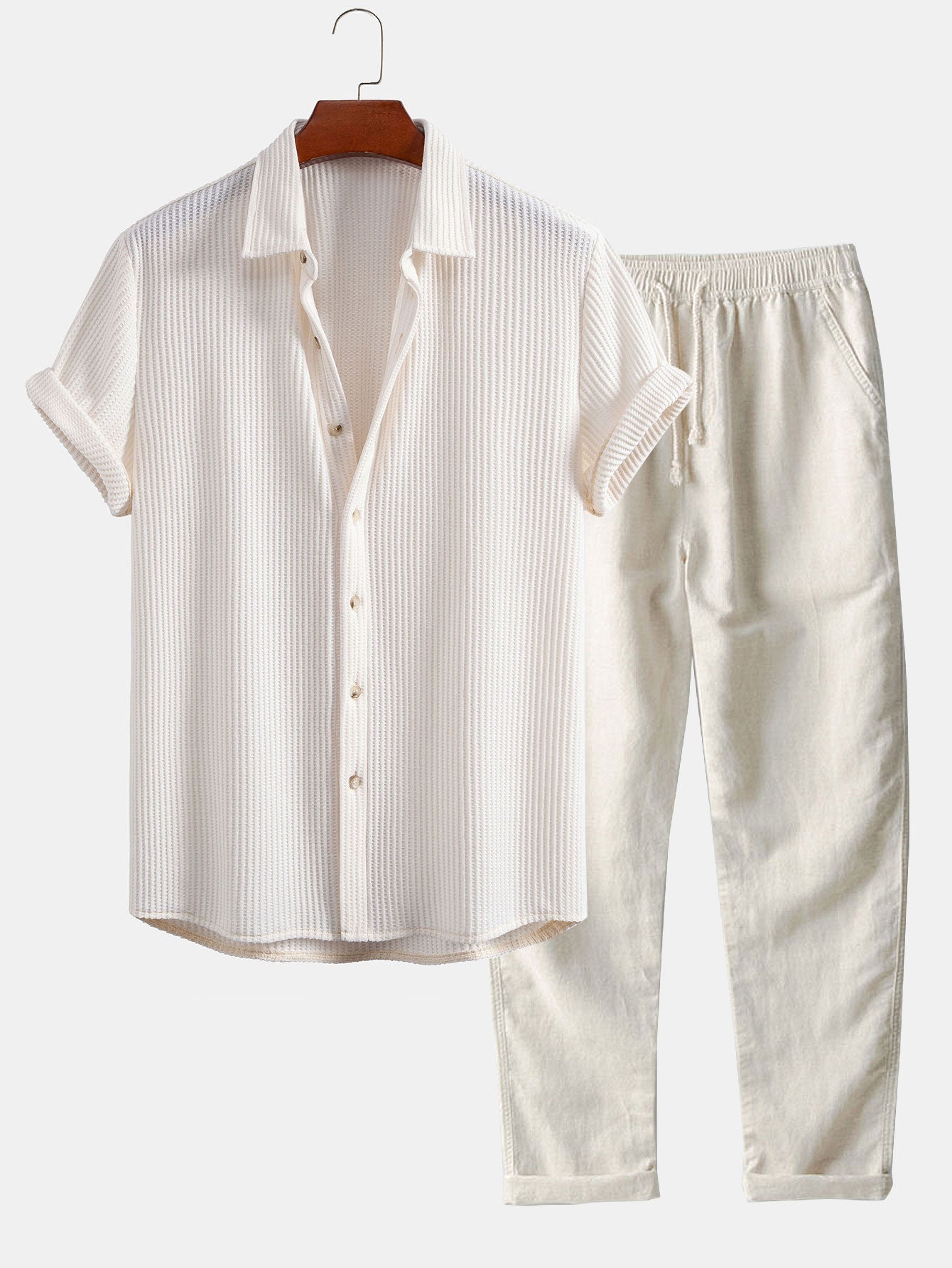 Alex® | Waffle Button Up Shirt & Straight Leg Linen Pants