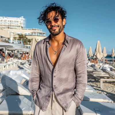 Roland | Men'S Casual Breathable Solid Color Tencel Blended Lapel Loose Long Sleeve Shirt