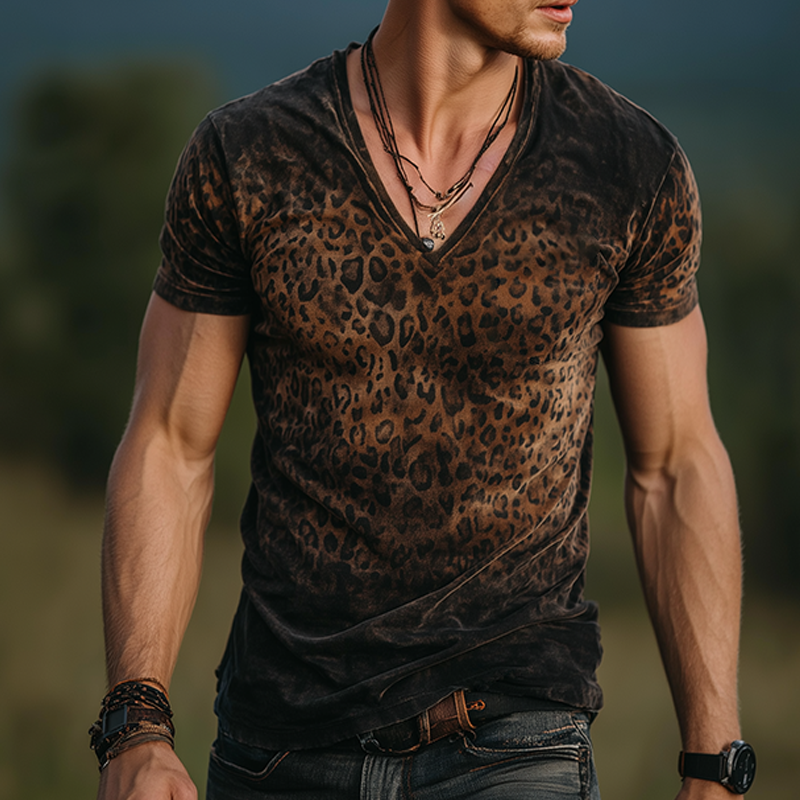 Henry | Men'S Retro Casual Gradient Leopard Velvet V-Neck Short Sleeve T-Shirt