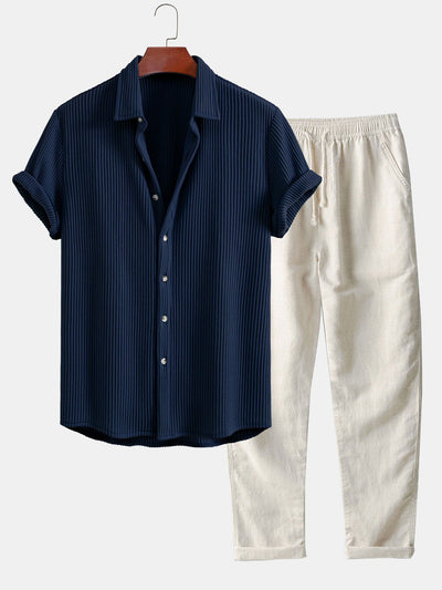 Alex® | Waffle Button Up Shirt & Straight Leg Linen Pants