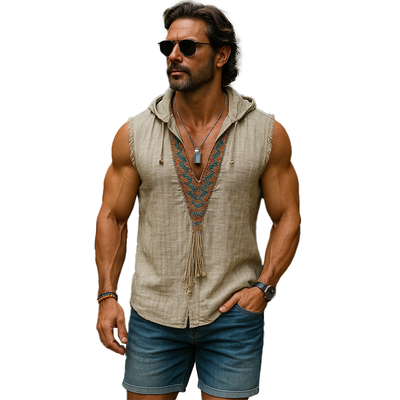 Patrick | Men'S Summer Fashion Embroidered Hooded Slub Linen Tank Top
