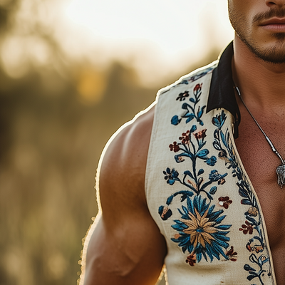 Bart | Men'S Summer Fashion Embroidery Slub Linen Collared Sleeveless Vest