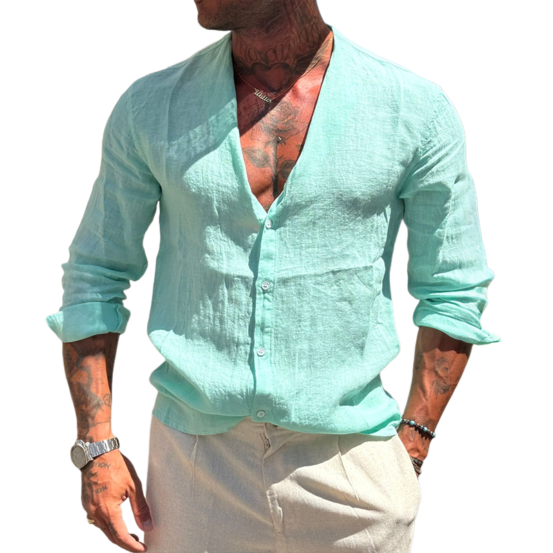 Clayton | Men'S Retro Casual Solid Color Linen Collarless Long Sleeve Shirt