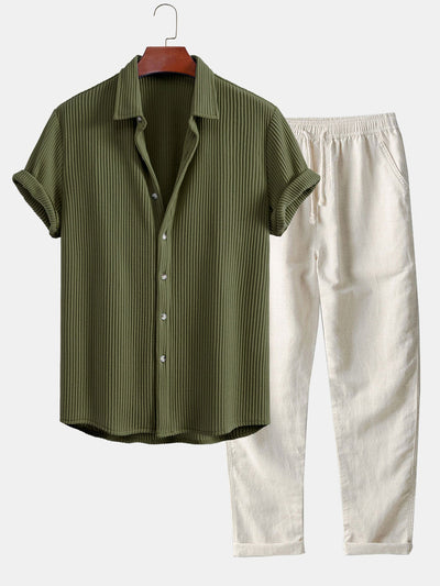 Alex® | Waffle Button Up Shirt & Straight Leg Linen Pants