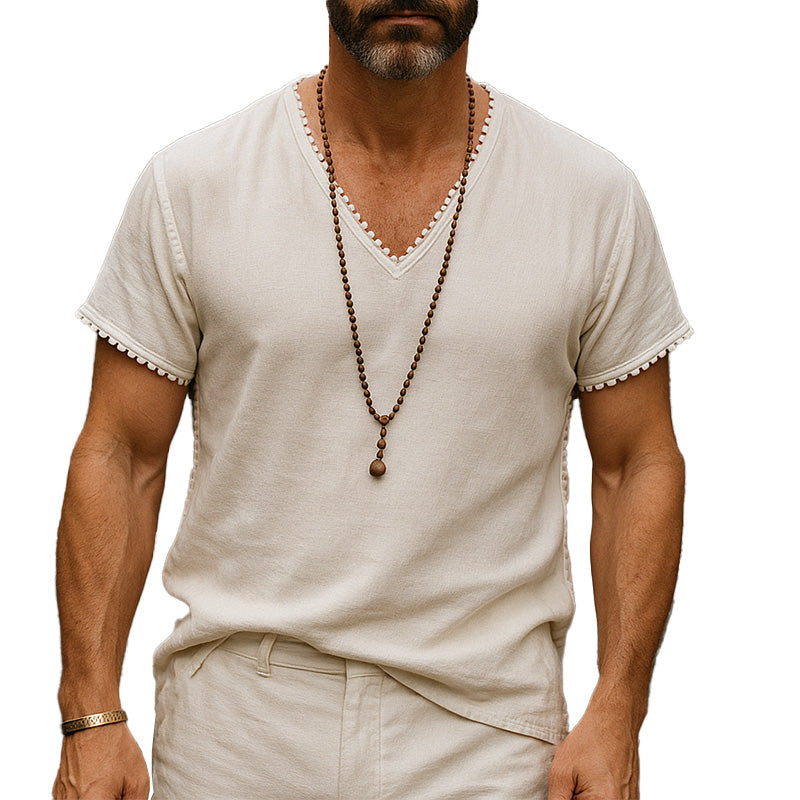 Stuart | Men'S Summer Breathable And Comfortable Linen Lace V-Neck Short-Sleeved T-Shirt