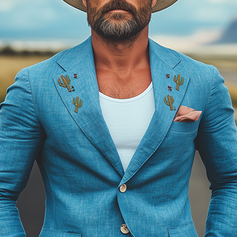 Patricio | Men'S Spring And Summer Casual American Western Tough Style Cactus Embroidered Blue Cotton And Linen Single-Breasted Blazer