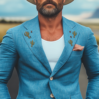 Patricio | Men'S Spring And Summer Casual American Western Tough Style Cactus Embroidered Blue Cotton And Linen Single-Breasted Blazer