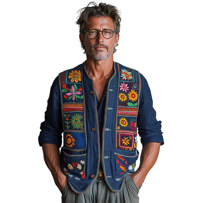 Chuck | Men'S Summer Fashion Premium Bohemian Embroidery Slub Linen Vest