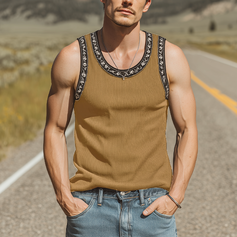 Burt | Men'S Spring And Summer Fashion Casual Striped Texture Fabric Embroidery U-Neck Slim Tank Top