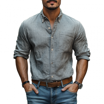 Bill | Men'S Casual Breathable Cotton Linen Lapel Patch Pocket Slim Fit Long Sleeve Shirt