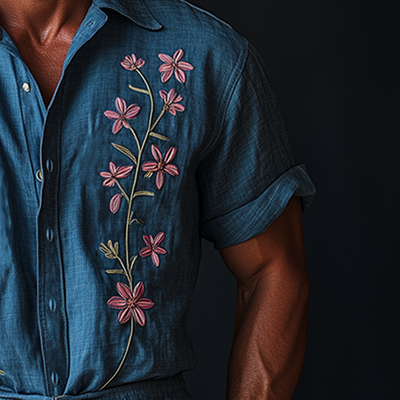 Forrest | Men'S Summer Fashion Embroidery Slub Cotton Short Sleeve Jumpsuit