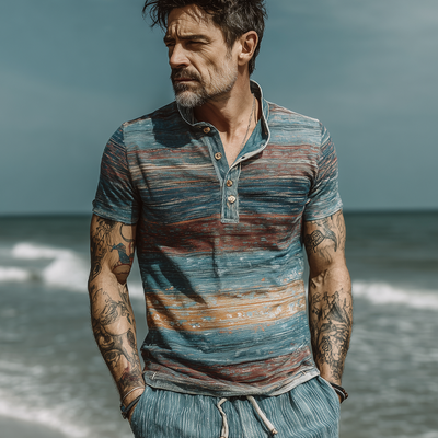 Hank | Men'S Stripe Print Lapel Short Sleeve T-Shirt