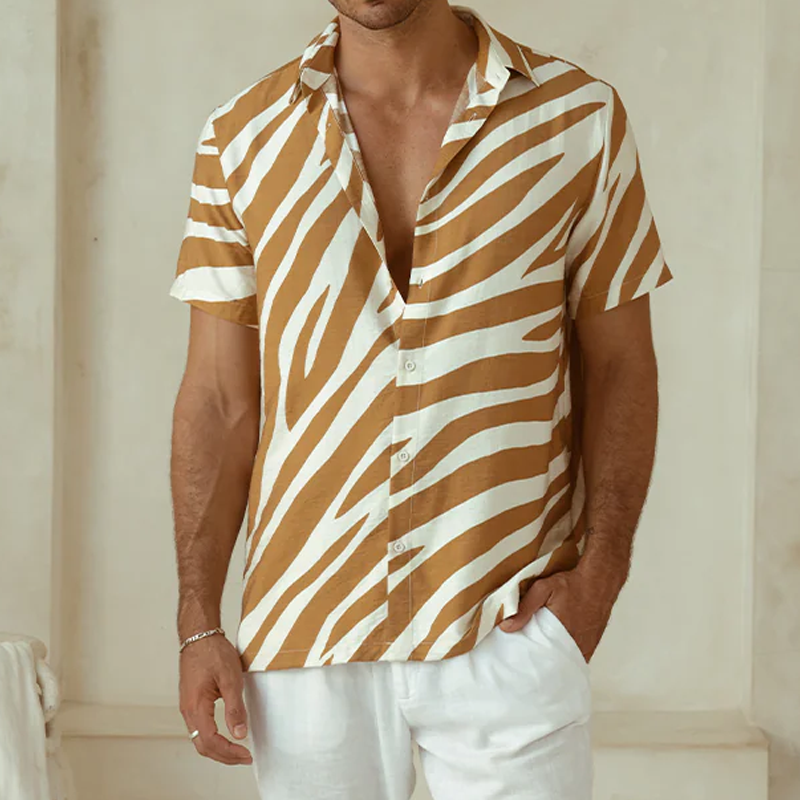 Drew | Men'S Spring And Summer Fashion Casual Zebra Stripe Printed Silk Cotton Short Sleeve Shirt Elastic Waist Shorts Set