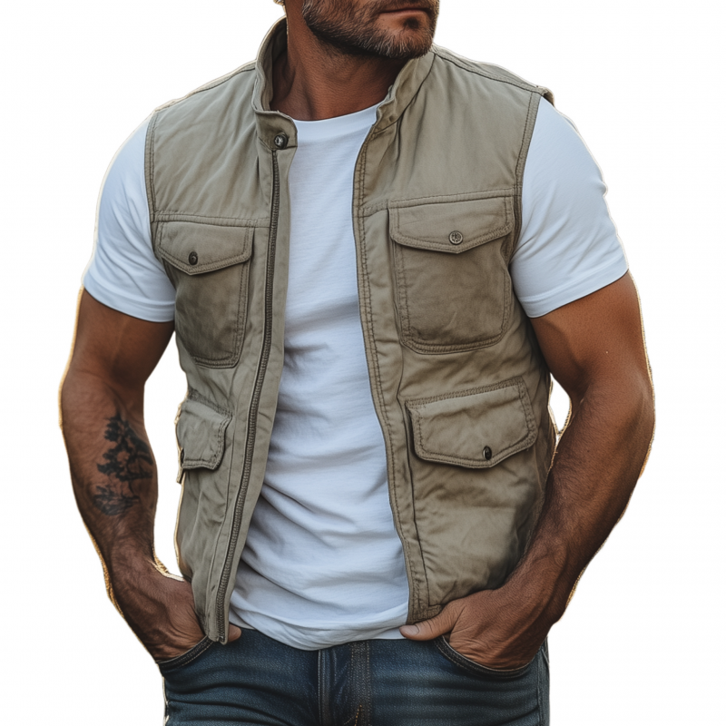 Pablo | Men'S Casual Outdoor Washed Cotton Stand Collar Zipper Placket Multi-Pocket Work Vest