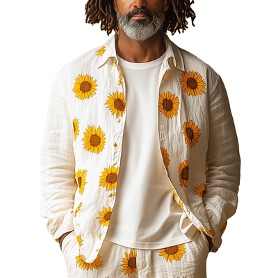 Augusto | Men'S Summer Fashion Sunflower Print Cotton And Linen Long Sleeve Shirt