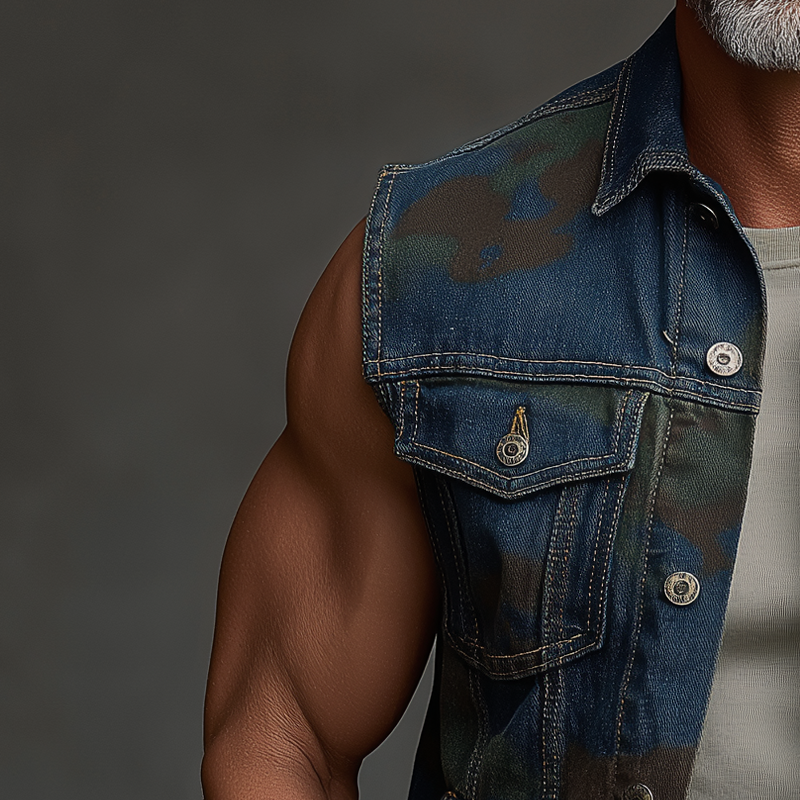 Randy | Men'S Summer Fashion Camouflage Print Washed Denim Vest