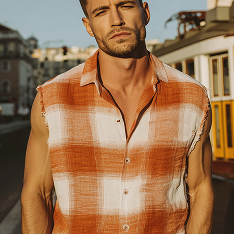 Marcelo | Men'S Spring And Summer Fashion Casual Contrast Plaid Cotton Blended Sleeveless Shirt