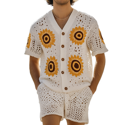 Julius | Men'S Spring And Summer Fashion Leisure Vacation Style Knitted Hollow Flower Short-Sleeved Shirt Elastic Waist Shorts Set