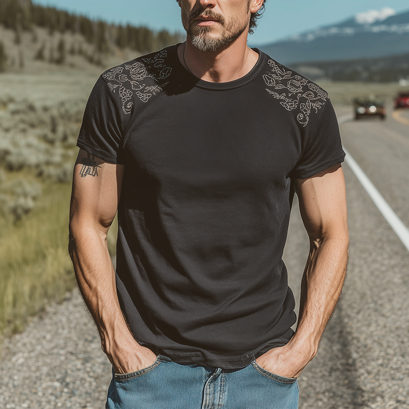 Basil | Men'S Spring And Summer Fashion Casual Shoulder Embroidery Cotton Blended Ribbed Texture Slim Round Neck Short-Sleeved T-Shirt