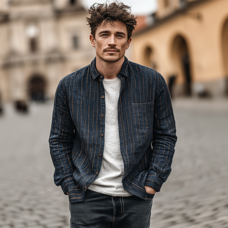 Noel | Men'S Casual Breathable Linen Striped Lapel Patch Pocket Slim Fit Long Sleeve Shirt