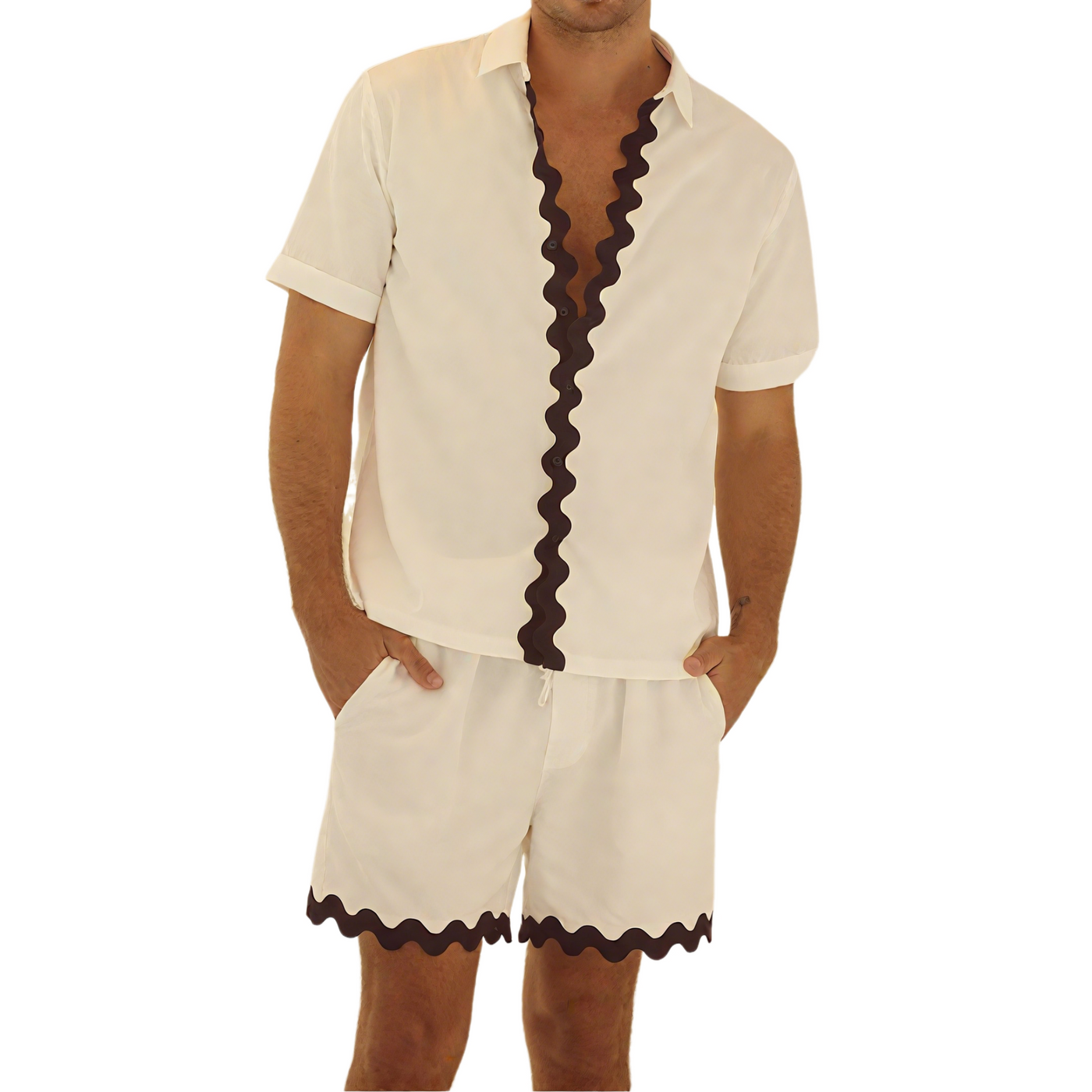 Chuck | Men'S Spring And Summer Fashion Casual Wave Ribbon Decorated Short Sleeve Shirt Shorts Set