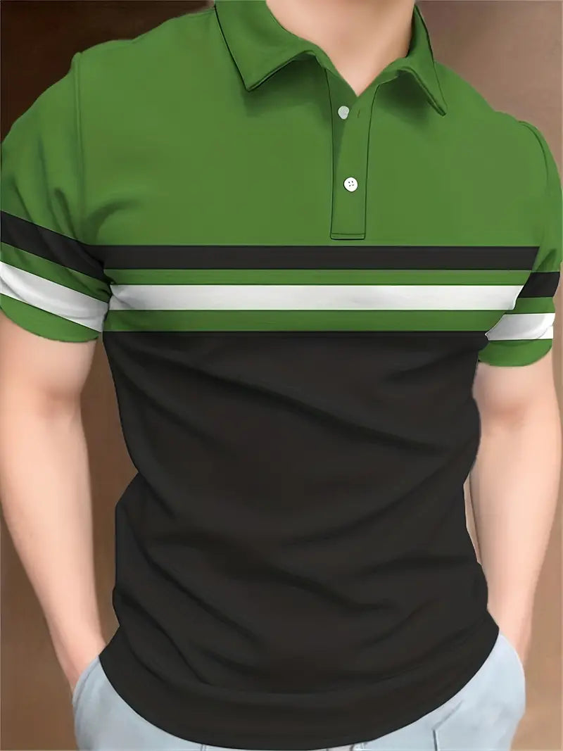 Lysandra® | Trendy Color Block Short Sleeve Shirt With A Striped Pattern