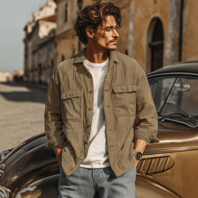 Nestor | Men'S Casual Breathable Cotton Striped Lapel Chest Pocket Loose Long Sleeve Shirt