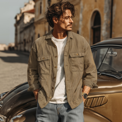 Nestor | Men'S Casual Breathable Cotton Striped Lapel Chest Pocket Loose Long Sleeve Shirt