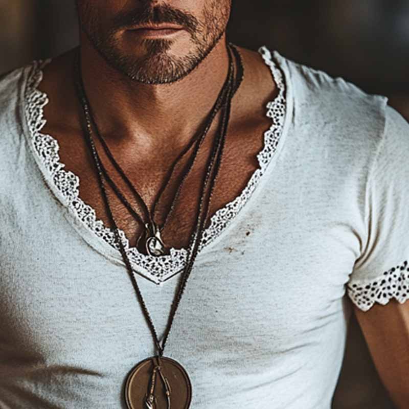 Herman | Men'S Solid Color Cotton Blend V-Neck Lace Stitching Short-Sleeved T-Shirt