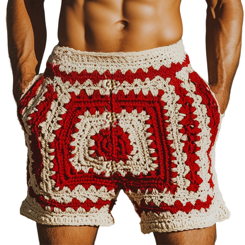 Leslie | Men'S Summer Fashion Casual Hollow Crochet Contrast Knitted Elastic Waist Shorts